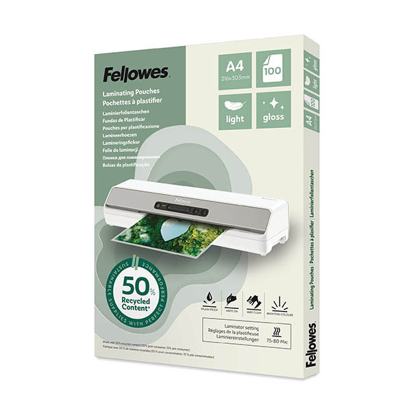 A4 laminating pouch 2 x 80 micron | glossy | Fellowes recycled | 100-pack 207203 - 1