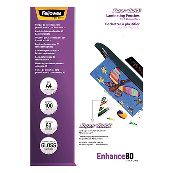 A4 laminating pouch (high-speed) 80 micron | glossy | Fellowes SuperQuick | 100-pack 213387 - 2
