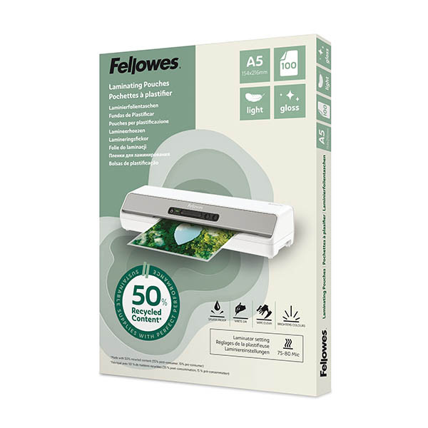 A5 laminating pouch 80 micron | glossy | Fellowes recycled 100-pack 207205 - 1