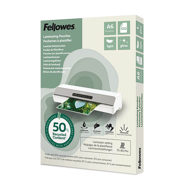 A6 laminating pouch 80 micron | glossy | Fellowes recycled 100-pack 207207 - 1