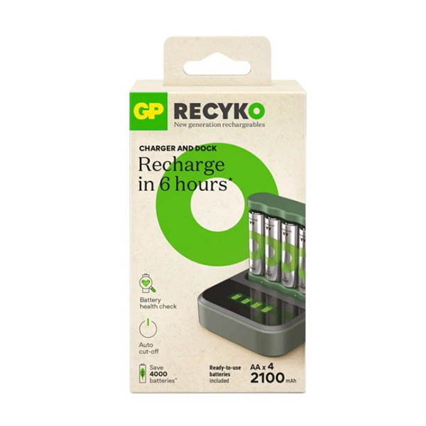 GP dock base charger + GP 2100 ReCyko rechargeable AA / HR06 Ni-Mh batteries | 4-pack AGP00109 - 1