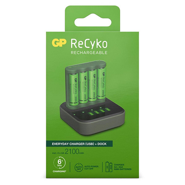 GP dock base charger + GP 2100 ReCyko rechargeable AA / HR06 Ni-Mh batteries (4-pack) AA AAA HR03 HR06 AGP00109 - 1