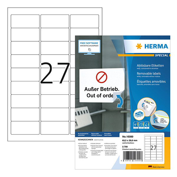 Herma 10300 white removable A4 labels, 63.5 x 29.6mm (2700 labels) 230624 - 1