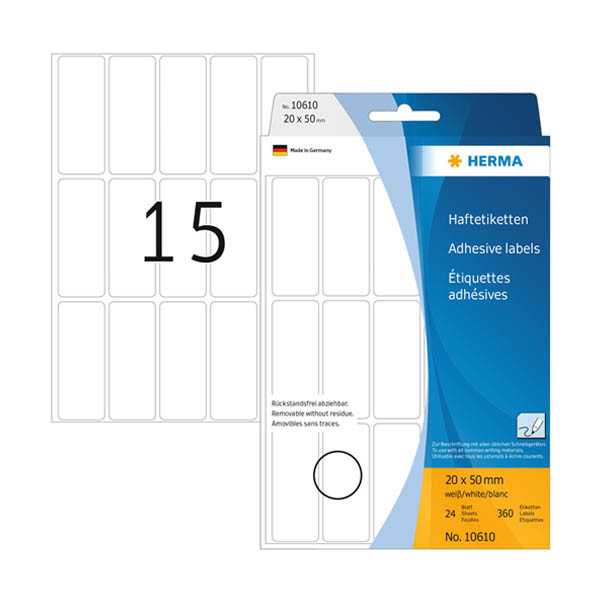 Herma 10610 white multipurpose removable labels, 20mm x 50mm (360 labels) 230811 - 1