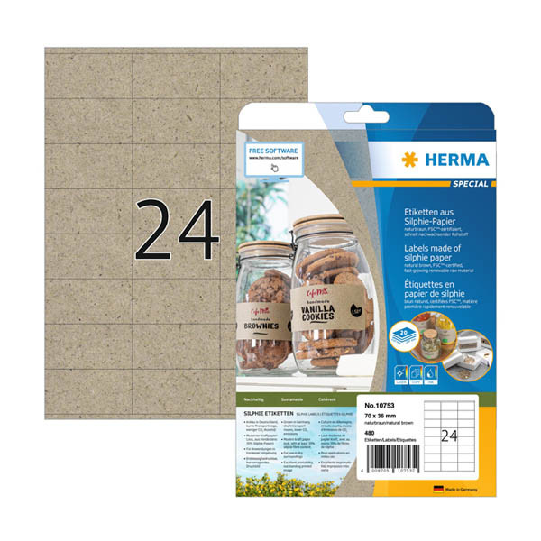 Herma 10753 natural brown A4 recycled universal labels, 70mm x 36mm (480 labels) 230848 - 1