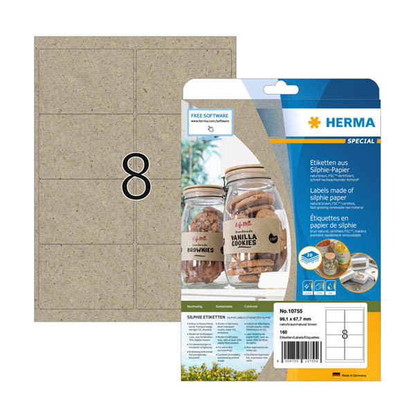 Herma 10755 natural brown A4 recycled universal labels, 99.1mm x 67.7mm (160 labels) 230850 - 1