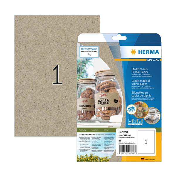 Herma 10758 natural brown A4 recycled universal labels, 210mm x 297mm (20 labels) 230844 - 1