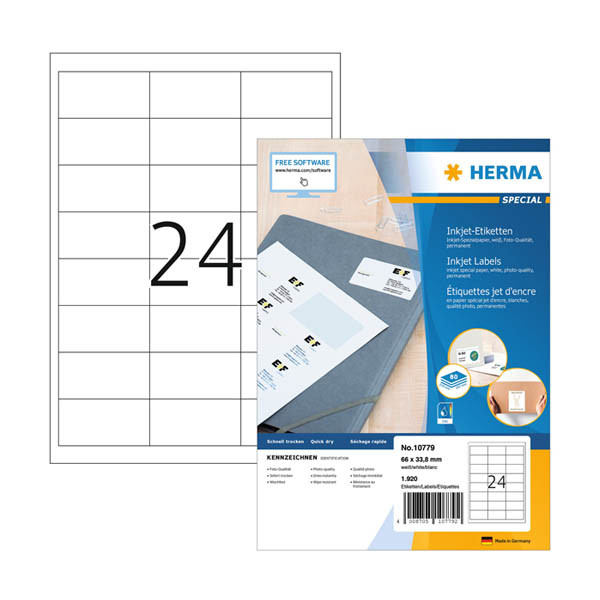 Herma 10779 white A4 inkjet labels, 66mm x 33.8mm (1920 labels) 230824 - 1