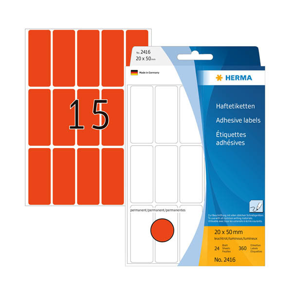Herma 2416 fluorescent red multipurpose labels, 20mm x 50mm (360 labels) 230920 - 1