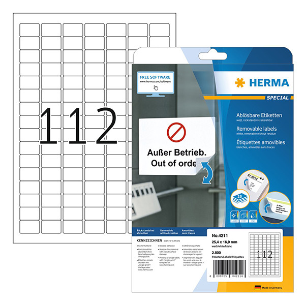 Herma 4211 white A4 removable labels, 25.4mm x 16.9mm (2800 labels) 4211 230635 - 1
