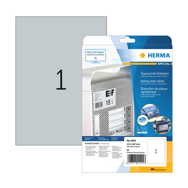 Herma 4224 silver rating plate labels, 210mm x 297mm (25 labels) 230917 - 1