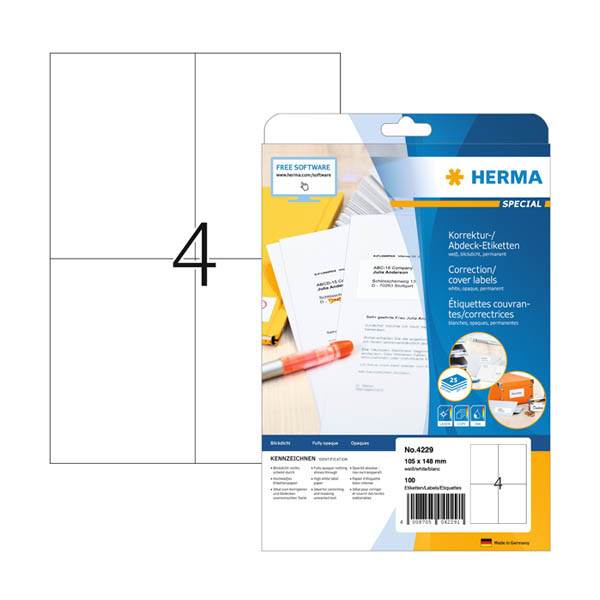 Herma 4229 white A4 correction/covering labels, 105mm x 148mm (100 labels) 230814 - 1