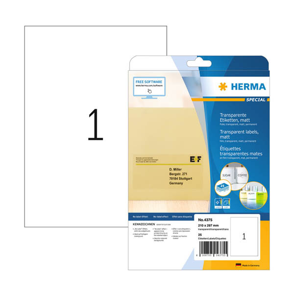 Herma 4375 A4 matte transparent labels, 210 x 297mm (25 labels) 230907 - 1