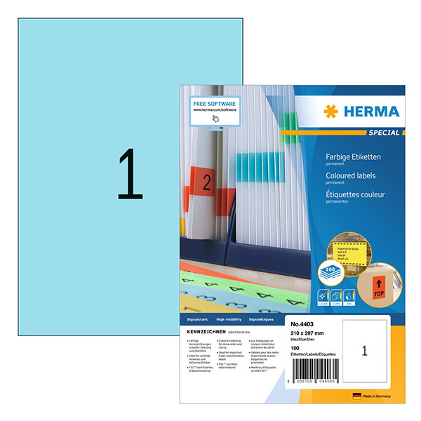 Herma 4403 blue A4 permanent adhesive labels, 210mm x 297mm (100 labels) 230791 - 1