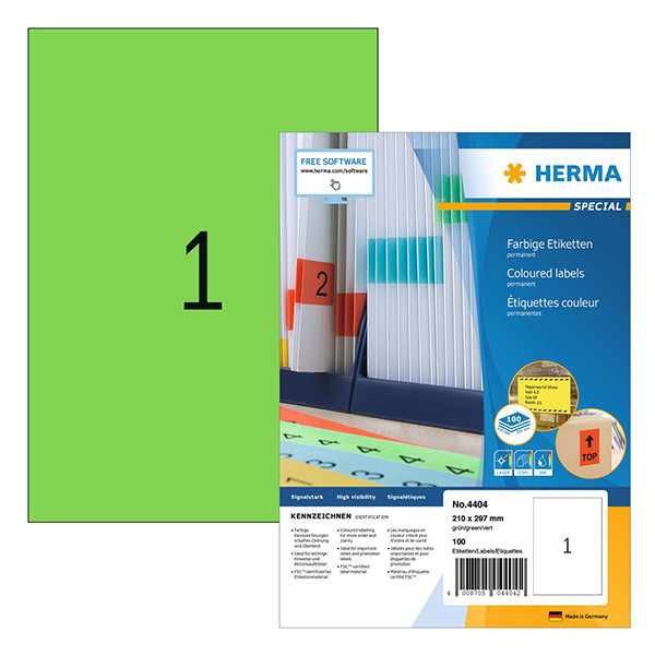 Herma 4404 green A4 permanent adhesive labels, 210mm x 297mm (100 labels) 230792 - 1