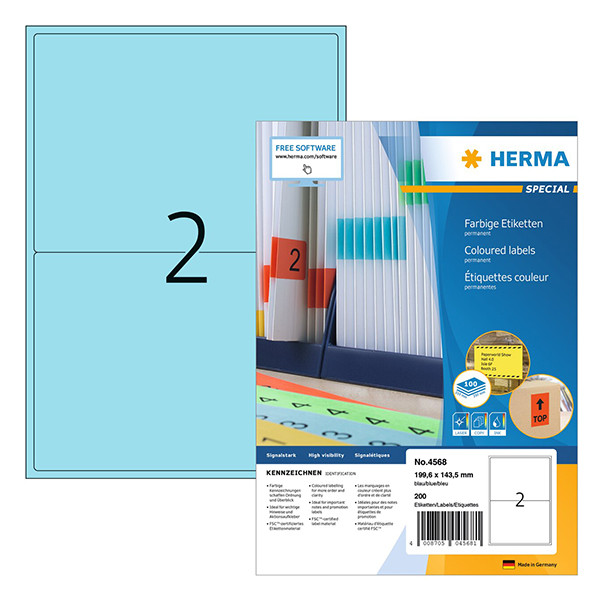 Herma 4568 blue A4 permanent adhesive labels, 199.6 x 143.5mm (200 labels) 230788 - 1