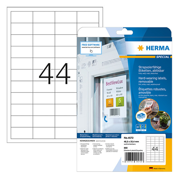 Herma 4572 white removable A4 weatherproof foil labels, 48.3mm x 25.4mm (880 labels) 4572 230511 - 1