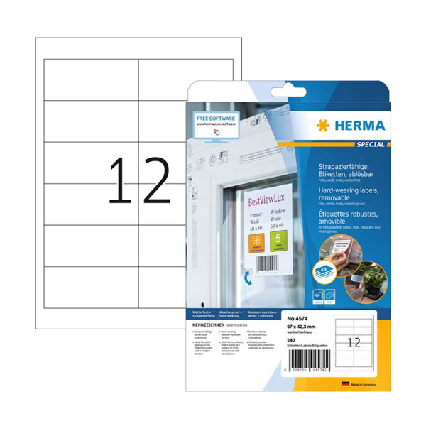 Herma 4574 white A4 removable weatherproof foil labels, 97mm x 42.3mm (240 labels) 230855 - 1