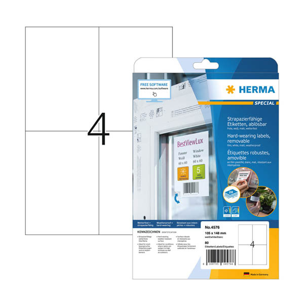 Herma 4576 white A4 removable weatherproof foil labels, 105mm x 148mm (80 labels) 230852 - 1