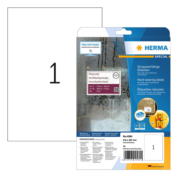Herma 4584 white A4 weatherproof foil labels, 210mm x 297mm (10 labels) 230748 - 1