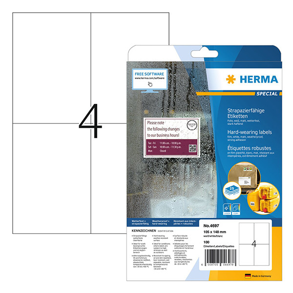 Herma 4697 white A4 weatherproof foil labels, 105mm x 148mm (100 labels) 230751 - 1