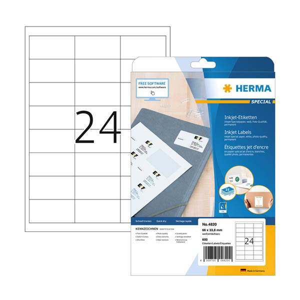 Herma 4820 white A4 inkjet labels, 66mm x 33.8mm (600 labels) 230821 - 1