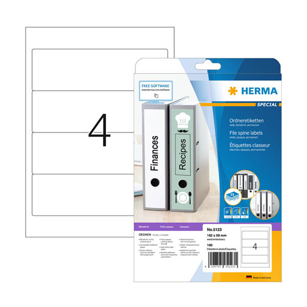 Herma 5123 white A4 self-adhesive wide printable spine labels, 59mm x 192mm (100 labels) 230877 - 1