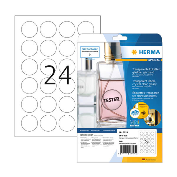 Herma 8023 crystal clear A4 transparent labels, ø 40mm (600 labels) 230862 - 1