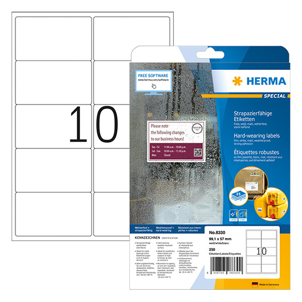 Herma 8330 white A4 weatherproof foil labels, 99.1mm x 57mm (250 labels) 230529 - 1