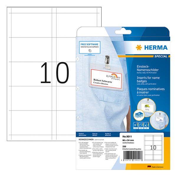 Herma 9011 white A4 name insert badges, 90 x 54mm (250 labels) 230531 - 1