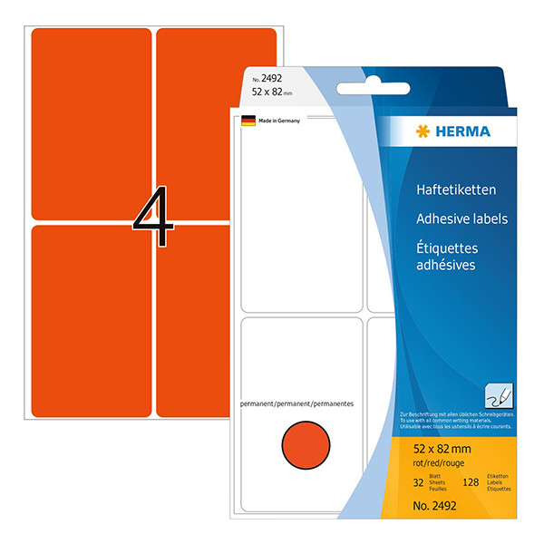 Label multi-purpose sticker sheets 52mm x 82mm | red | Herma 2492 | 128 labels 230695 - 1