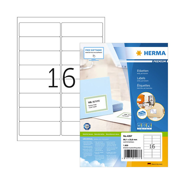 Herma Premium 4267 white permanent adhesive address labels, 99.1mm x 33.8mm (1600 labels) 4267 238348 - 1