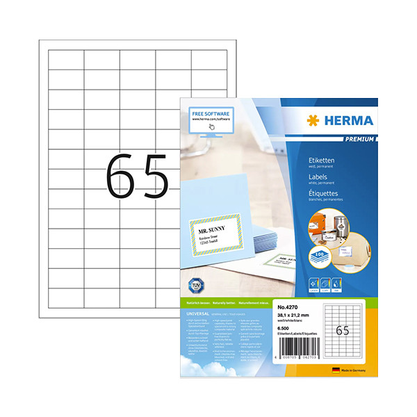 Herma Premium 4270 permanent white adhesive labels, 38.1mm x 21.2mm (6500 labels) 4270 238362 - 1