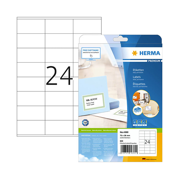 Herma Premium 4360 white permanent adhesive labels, 70mm x 36mm (600 labels) 4360 238357 - 1