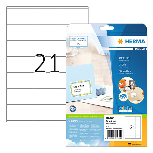 Herma Premium 4361 white A4 permanent adhesive labels, 70mm x 42mm (525 labels) 4361 230597 - 1