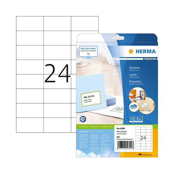 Herma Premium 4390 white permanent adhesive labels, 70mm x 37mm (600 labels) 4390 230408 - 1