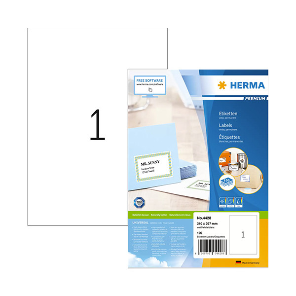 Herma Premium 4428 white permanent adhesive labels, 210mm x 297mm (100 labels) 4428 238354 - 1