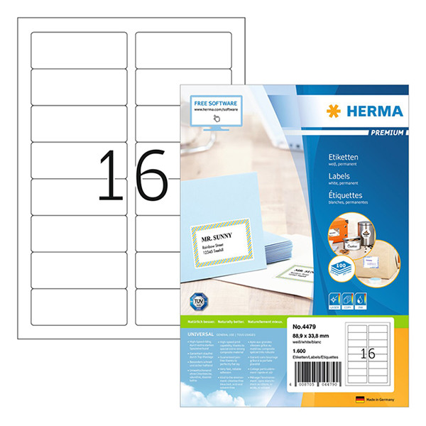 Herma Premium 4479 white A4 permanent adhesive labels, 88.9mm x 33.8mm (1,600 labels) 230466 - 1