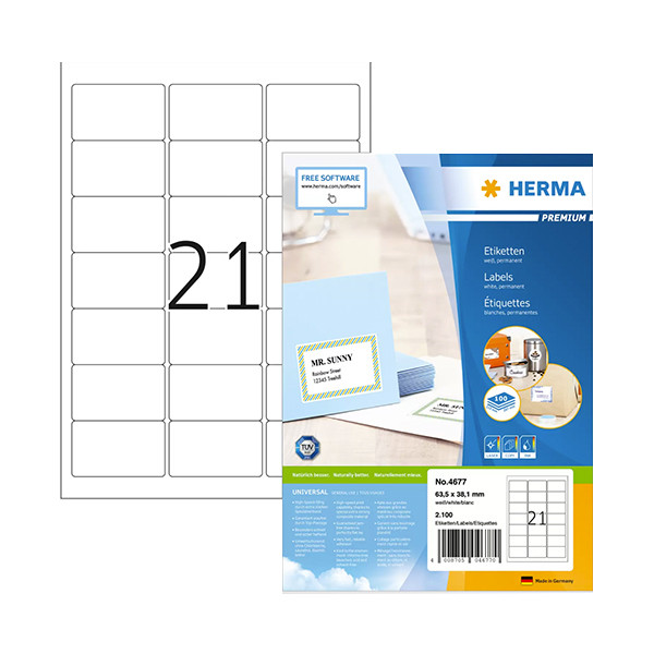 Herma Premium 4677 white permanent adhesive address labels, 63.5mm x 38.1mm (2100 labels) 4677 238349 - 1