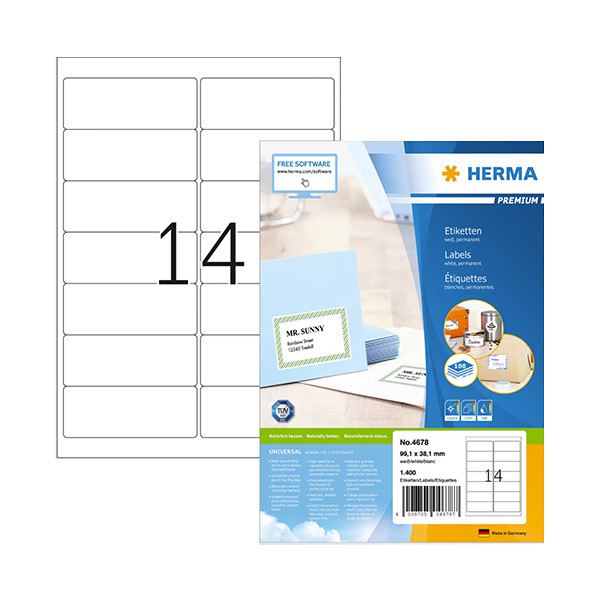 Herma Premium 4678 permanent white adhesive address labels, 99.1mm x 38.1mm (1400 labels) HER4678 238500 - 1