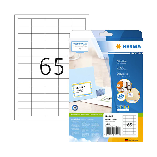 Herma Premium 5027 white permanent adhesive labels, 38.1mm x 21.2mm(1625 labels) 5027 230410 - 1