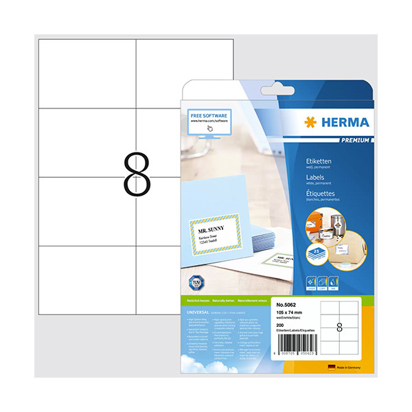 Herma Premium 5062 white permanent adhesive labels, 105mm x 74mm (200 labels) 5062 230411 - 1