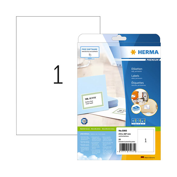 Herma Premium 5065 white permanent adhesive labels, 210mm x 297mm (25 labels) 5065 238355 - 1