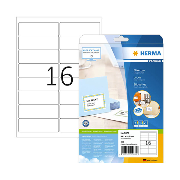 Herma Premium 5075 white permanent adhesive address labels, 99.1mm x 33.8mm (400 labels) 5075 230412 - 1