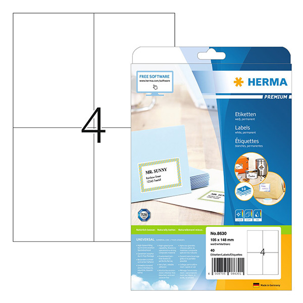 Herma Premium 8630 white A4 permanent adhesive labels, 105mm x 148mm (40 labels) 230539 - 1