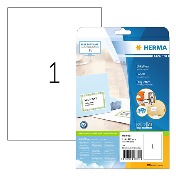 Herma Premium 8637 white A4 permanent adhesive labels, 210mm x 297mm (10 labels) 230542 - 1