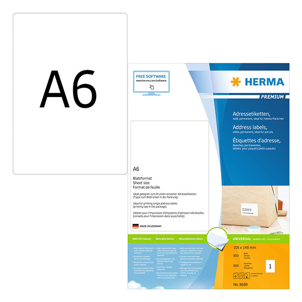 Herma Premium 8689 white A6 permanent adhesive labels, 105mm x 148mm (800 labels) 230538 - 1