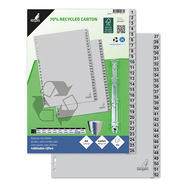 Cardboard tabs 1-52 (52 grey tabs) | A4, 23-hole | Kangaro ECO 056789 - 2