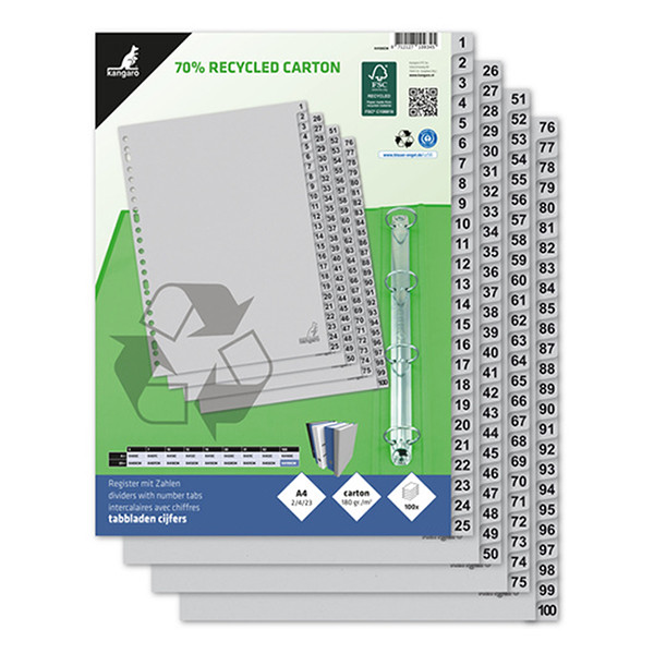 Kangaro ECO grey A4 cardboard tabs with indexes 1-100 (23 holes) K4100CM 056791 - 2