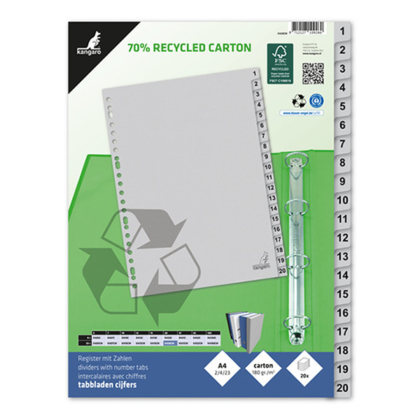Kangaro ECO grey A4 cardboard tabs with indexes 1-20 (23 holes) K420CM 056787 - 2